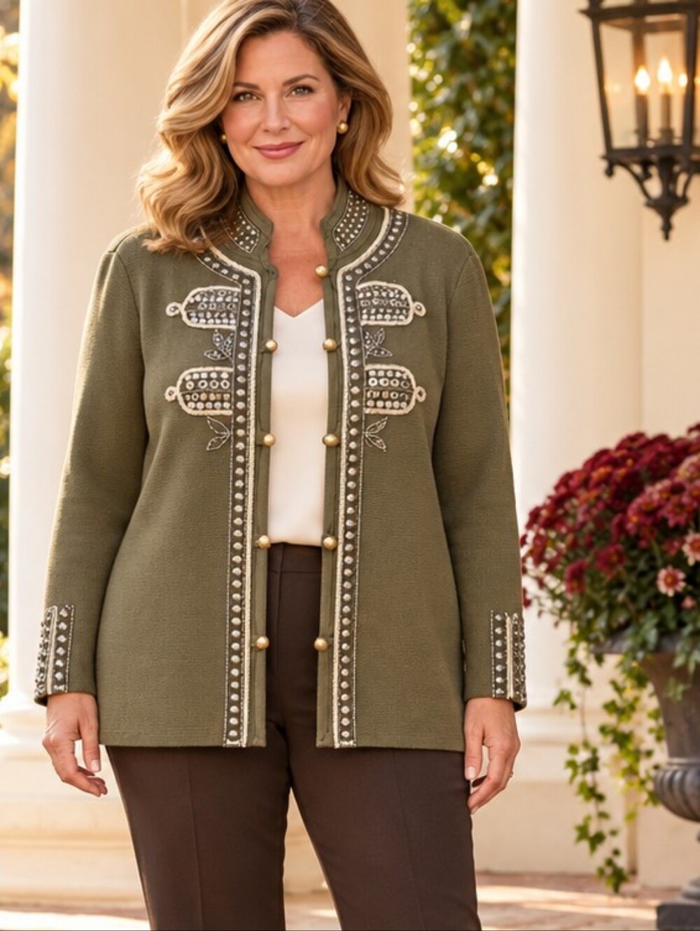 Chico’s Olive Green Embellished Cotton Jacket Size 2 L XL